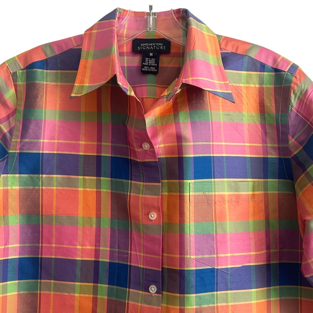Jones New York Signature Spring Summer Preppy Plaid Silk Shantung Blouse M - Picture 3 of 7
